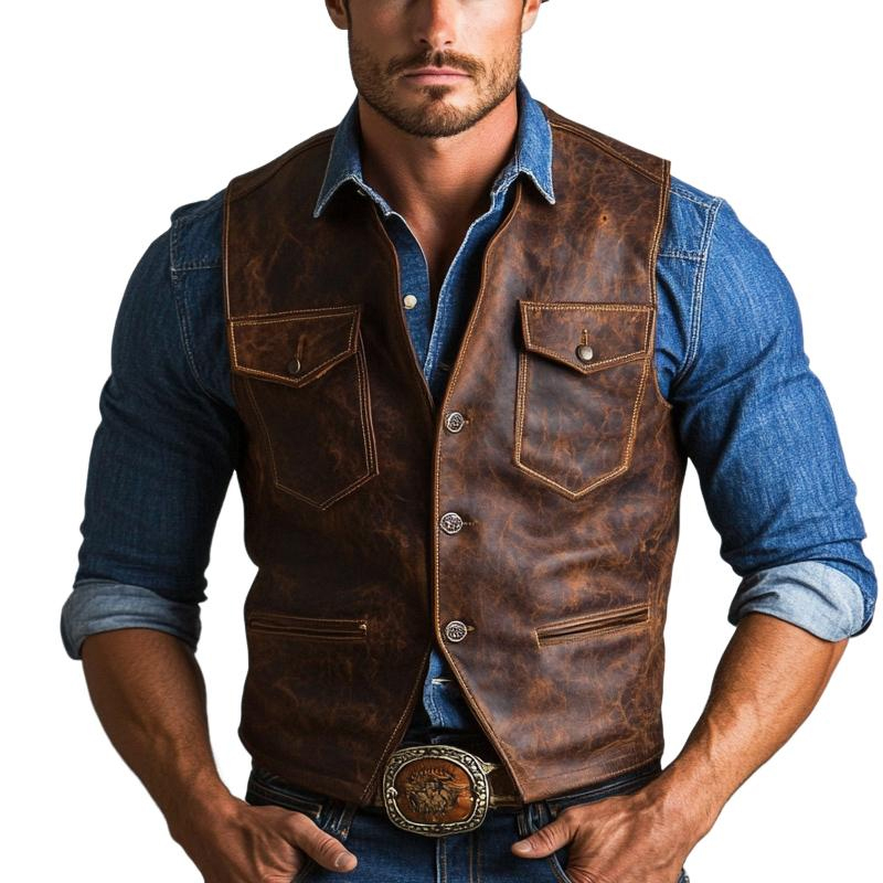 Men's Vintage Three Button Distressed Leather Vest