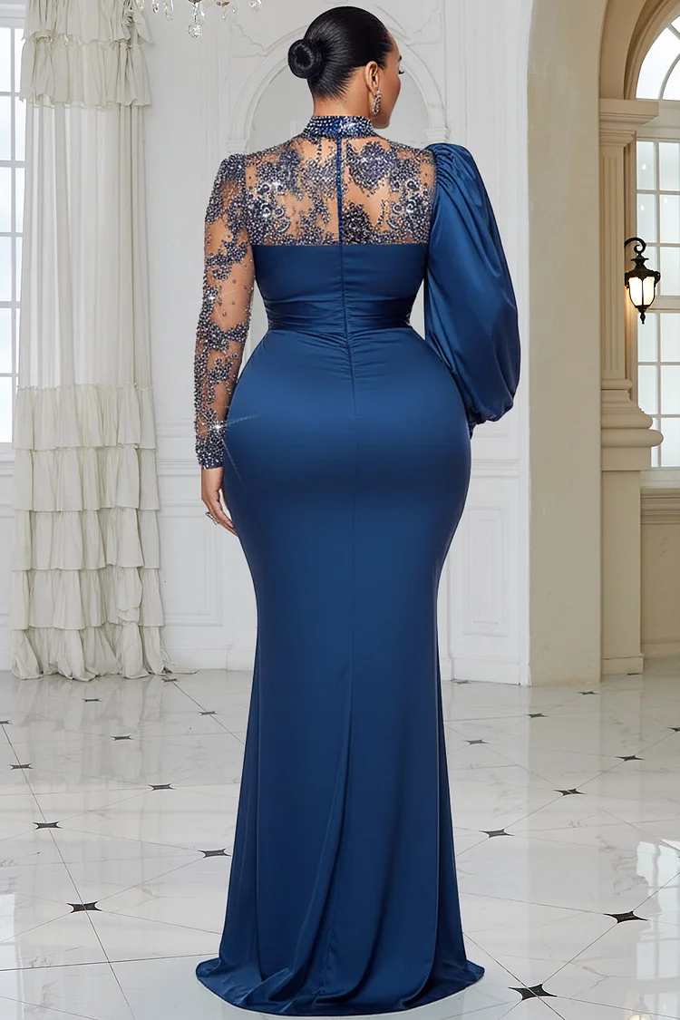 Xpluswear Design Plus Size Formal Blue Mock Neck Lantern Sleeve Long Sleeve Drilling Elegant See Through Tulle Satin Maxi Dresses [Pre-Order]