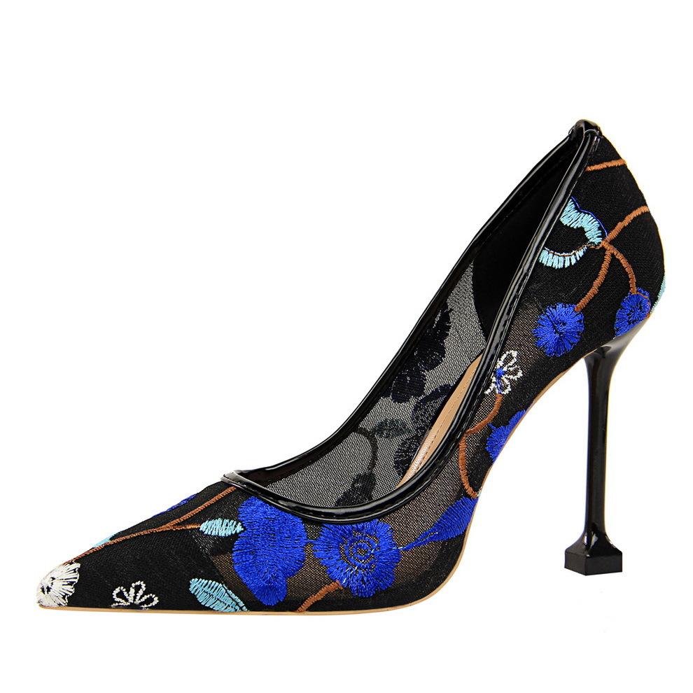 Women'e ethnic flower embroidery mesh hollow stiletto high heels pumps