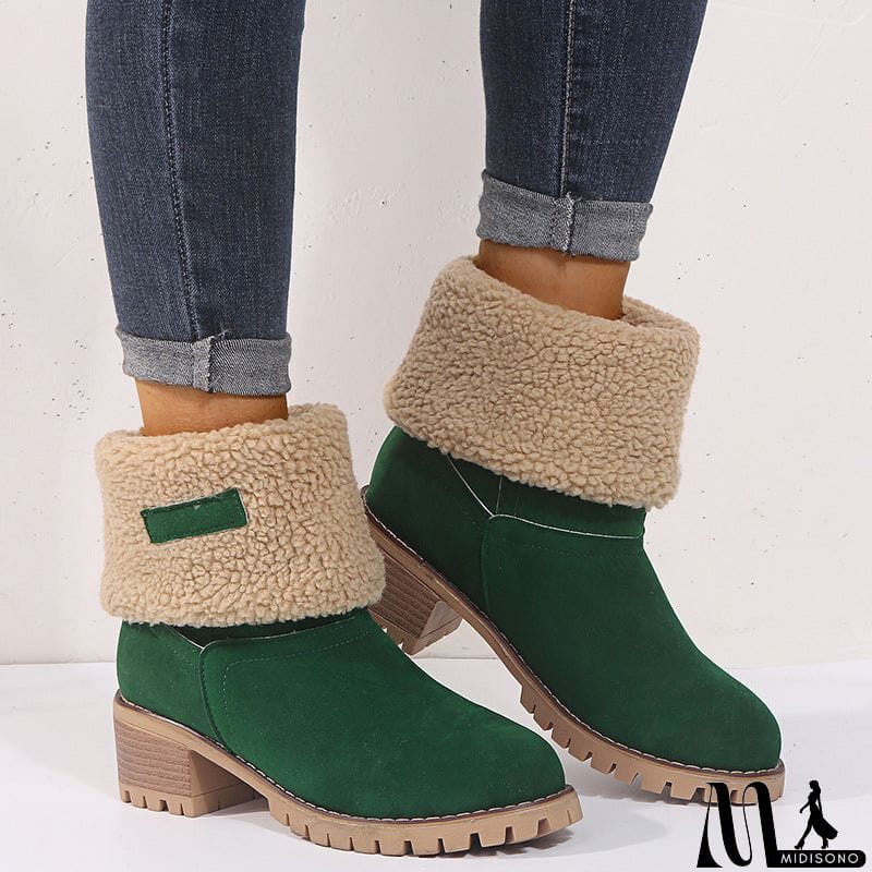 MidiSono - Warm Fur Lining Square Chunky Heel Suede Snow Boots for Women