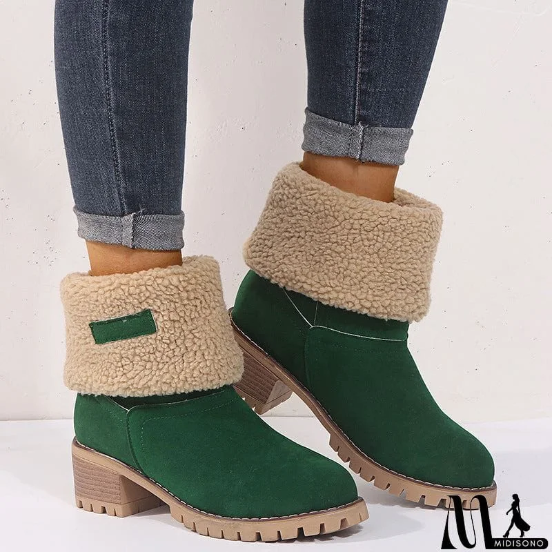 MidiSono - Warm Fur Lining Square Chunky Heel Suede Snow Boots for Women