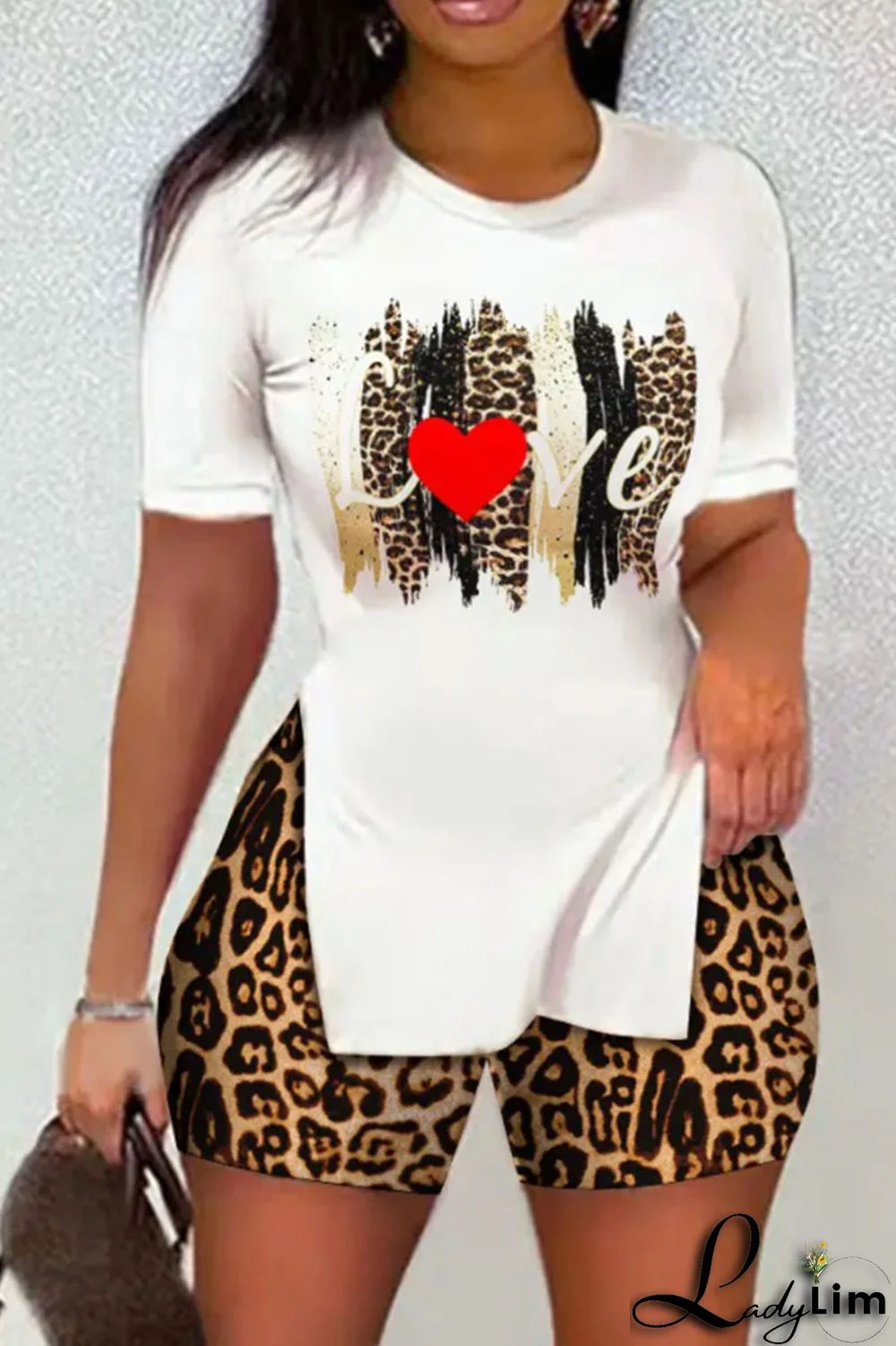 White Casual Print Patchwork Slit O Neck Short Sleeve Two Pieces