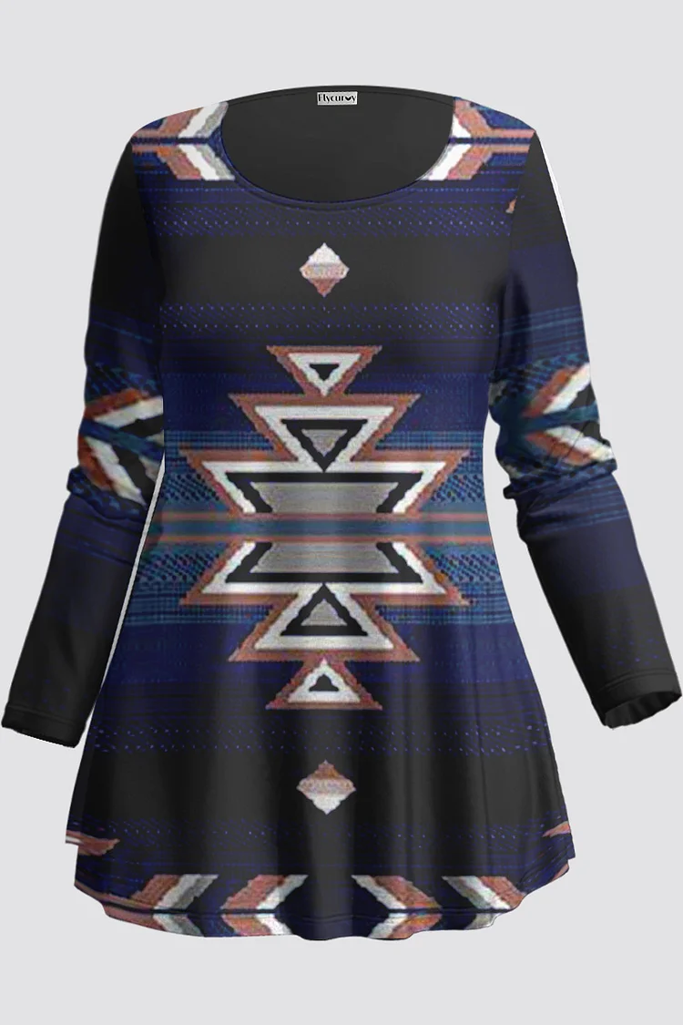 Flycurvy Plus Size Casual Black Tribal Polygon Graphic Print T-Shirt  Flycurvy [product_label]
