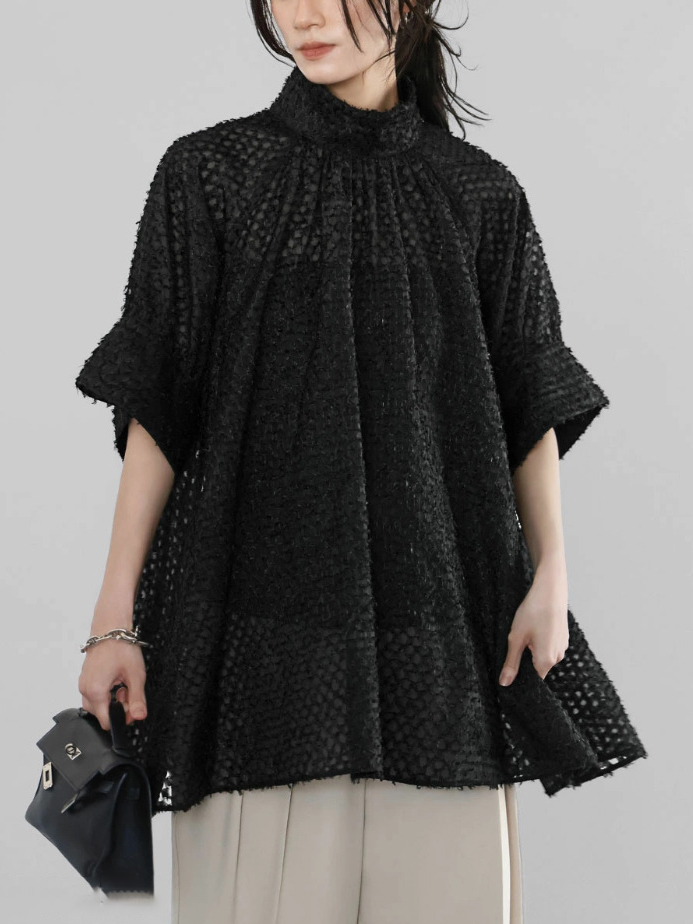Semi-Sheer Stand-Up Collar Mesh Loose Top