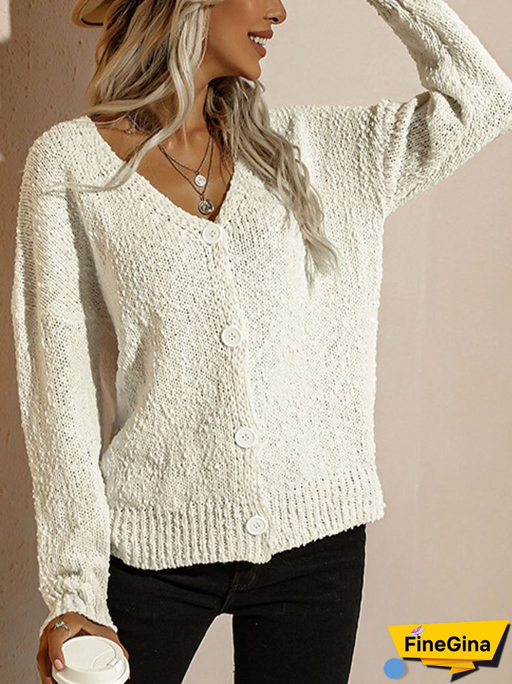 V-neck Long Sleeve Button Women Solid Knitted Cardigan