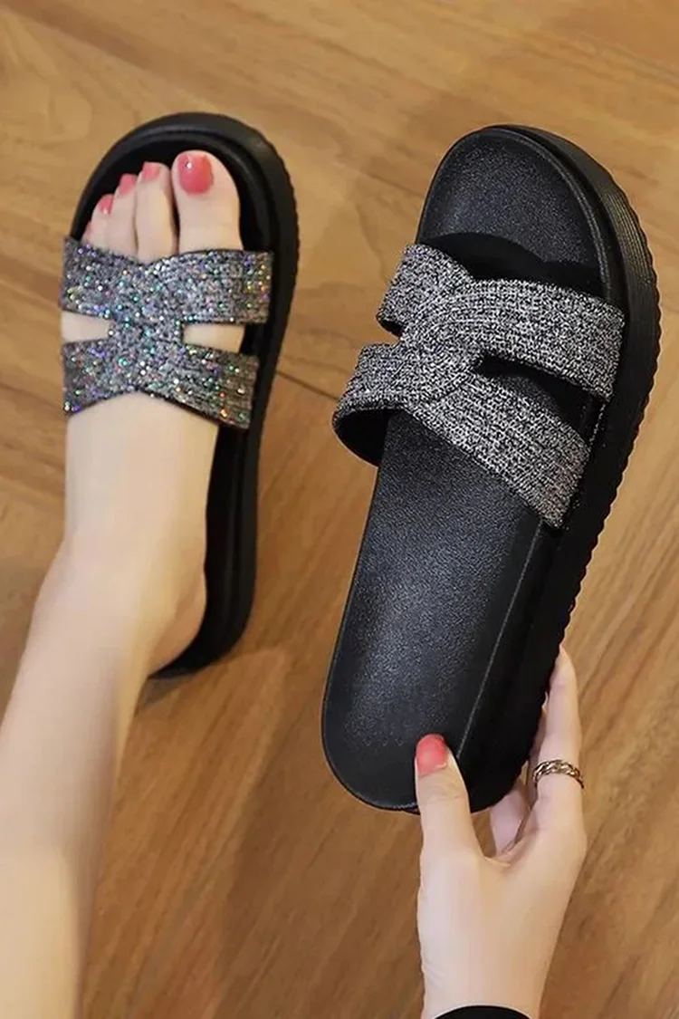 Glittering Twisted Strap Round Toe Platform Beach Slippers-Black