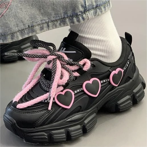 Black Pink Heart Sneakers Shoes Lovercore - Heartzcore
