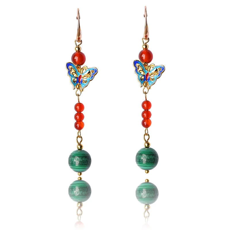 Malachite Bead Butterfly Protection Drop Earrings