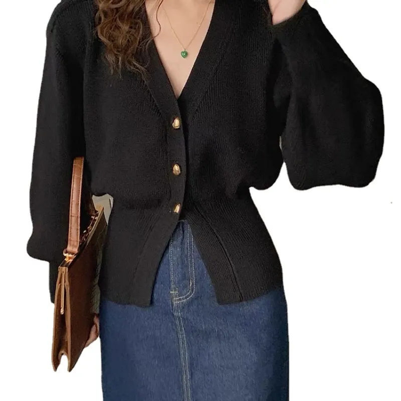 Churchf Churchf New Style Top Temperament Commuter Black Sweater Coat Small Short V-Neck Western Style Knit Cardigan Woman