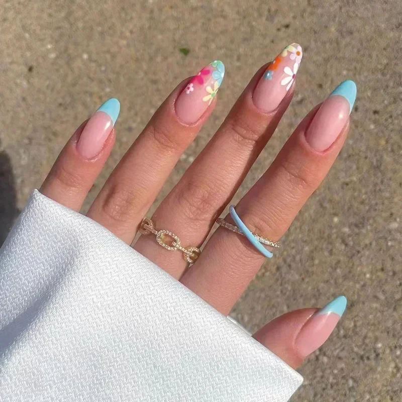 Lidudu French Press on Fake Nails with Flowers Designs Summer Blue Short Almond False Nails Wearable French Full Cover Press on Nails