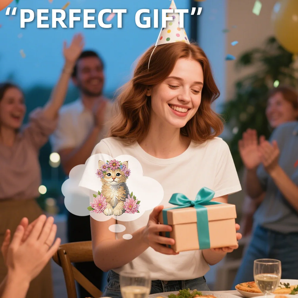 2D Flat Cat DIY Shaking Head Cat Pink Flower Diamond Painting Desktop Decoration