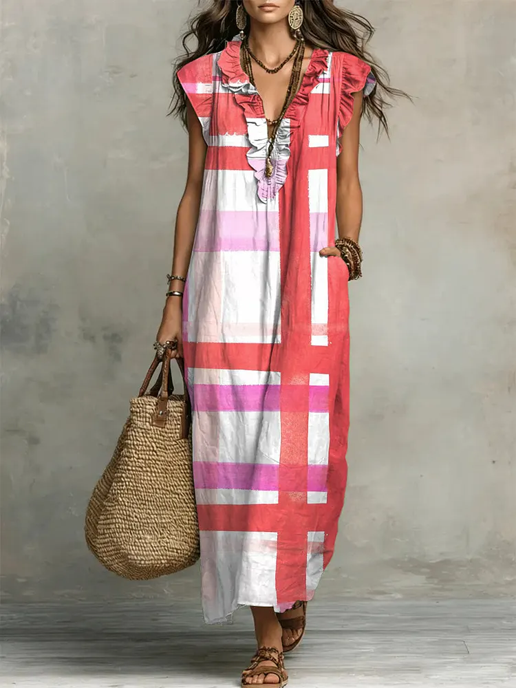 Women's Plaid Print Casual Ruffled Stylish Cotton Linen Dress