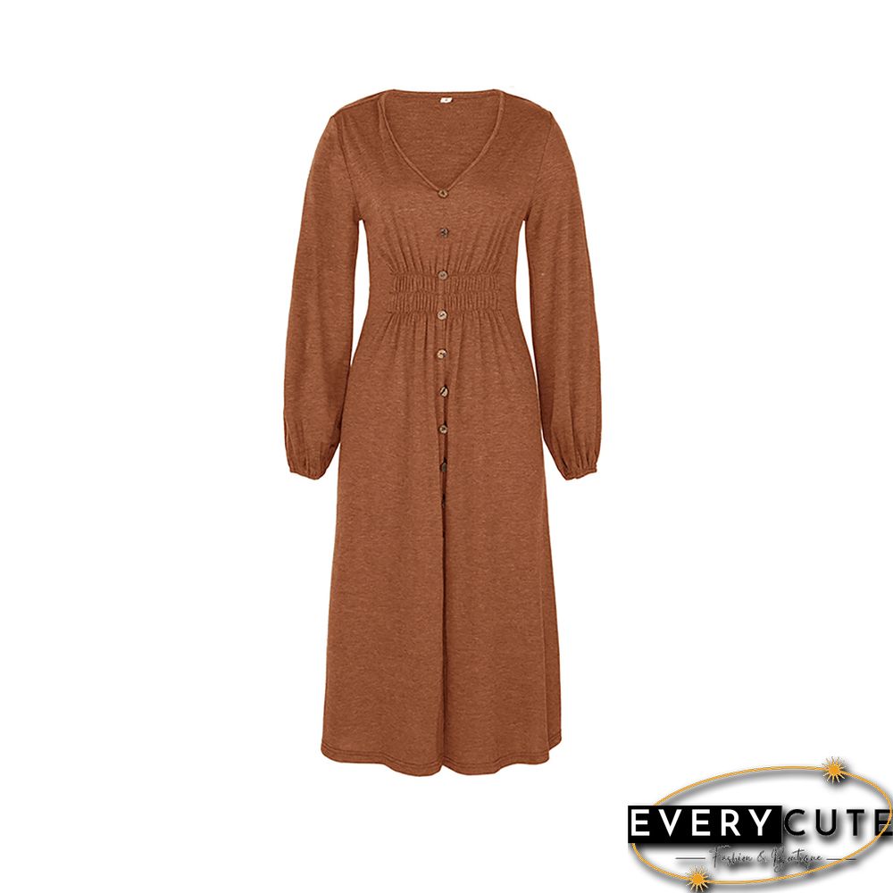 Orange Pleated V Neck Buttoned Long Sleeve Midi Dress