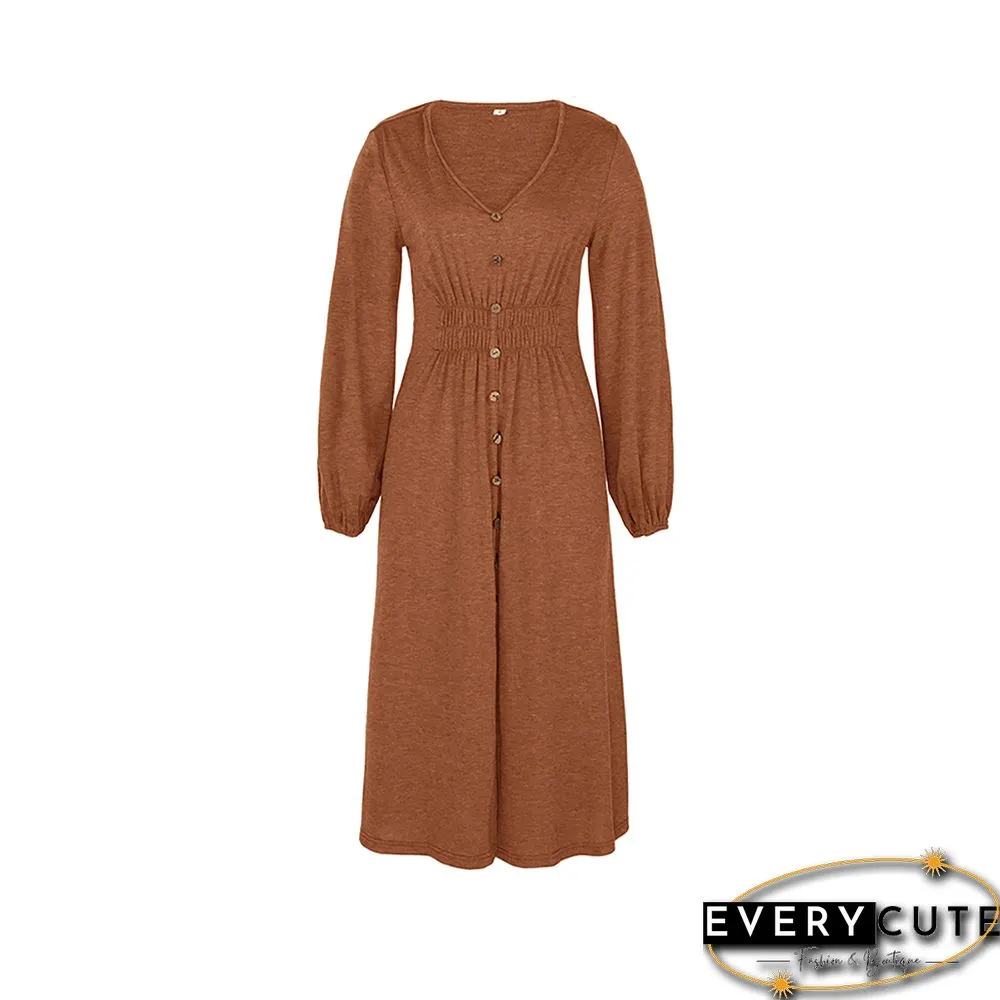 Orange Pleated V Neck Buttoned Long Sleeve Midi Dress