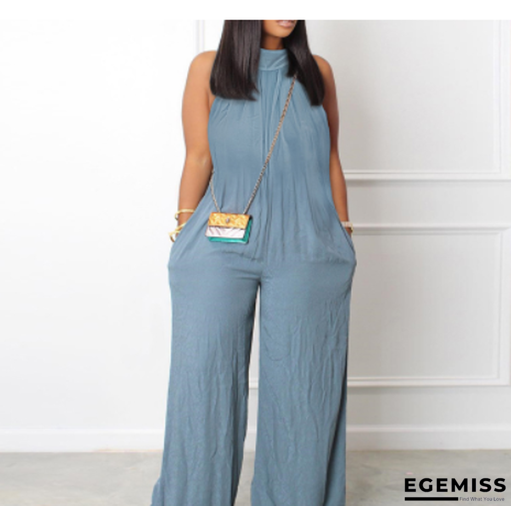 Blue Casual Solid Backless Spaghetti Strap Regular Jumpsuits | EGEMISS