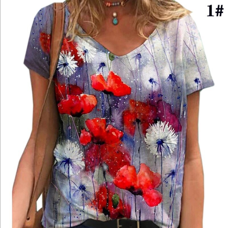 Women's Clothing Oversized Ladies New Fashion V-neck Flower Print Short Sleeve Casual Loose Tee Top Summer New Streetwear