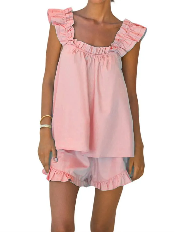 Brownm Cotton Ruffle Cami Shorts Set