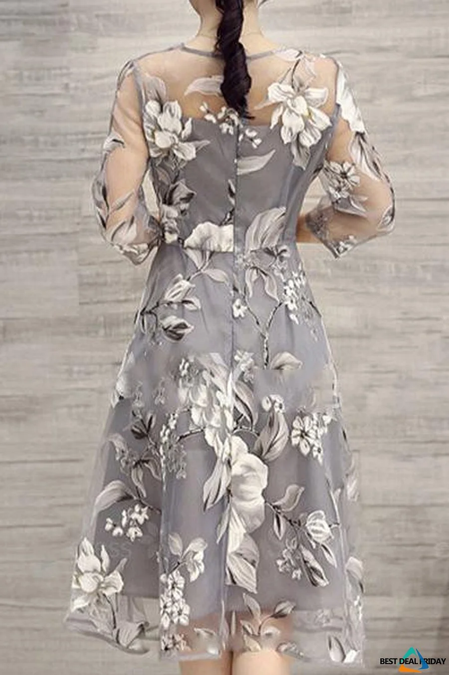 Hot-sale gray a line women 3 4 sleeve party printed floral elegant