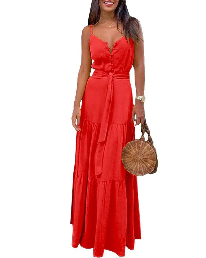 Personalized Button Sexy V-neck Splicing Suspender Dress