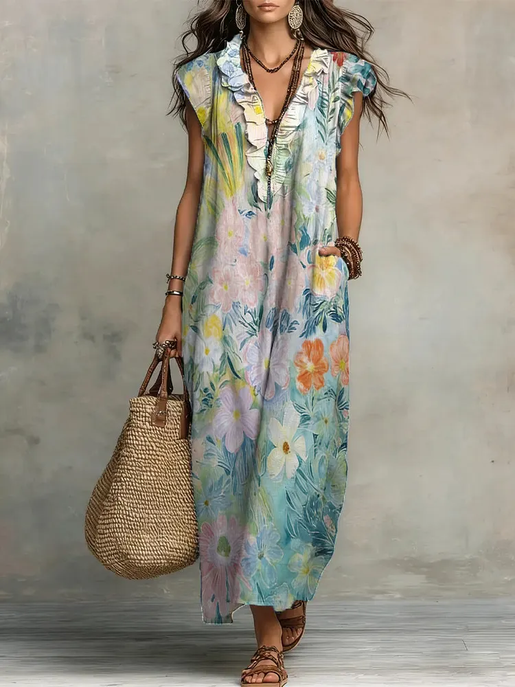 Vintage Oil Painting-style Cotton-linen Ruffled Dress
