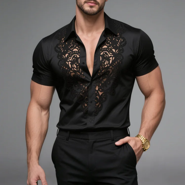 Okaywear Turndown Collar Short Sleeve Button Hollow Out Shirt 