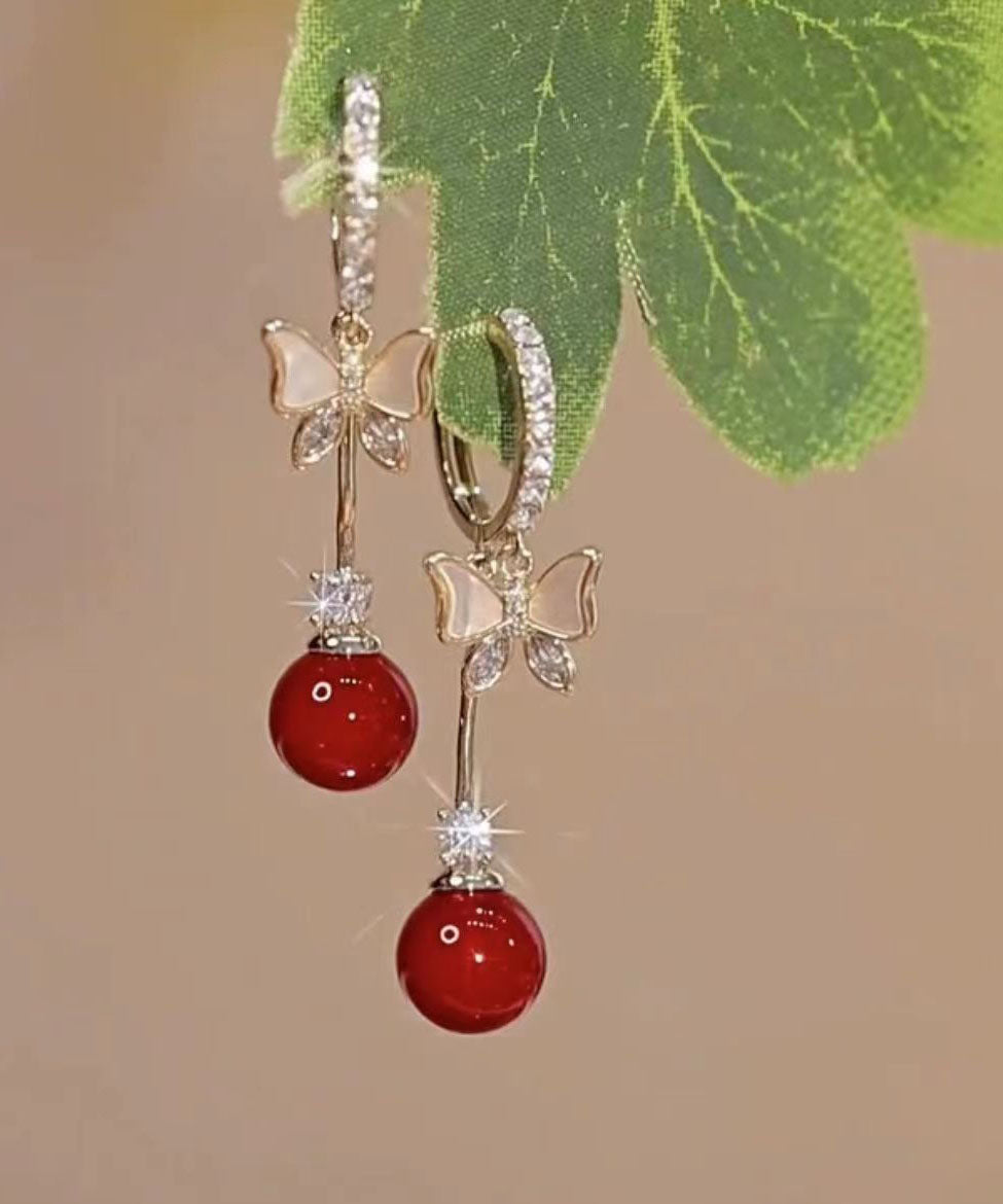 VCSHOES Red Alloy Zircon Pearl Shell Butterfly Drop Earrings