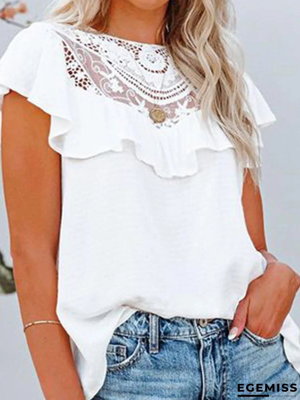 Fashion Lace Ruffle Short Sleeve T-Shirt | EGEMISS