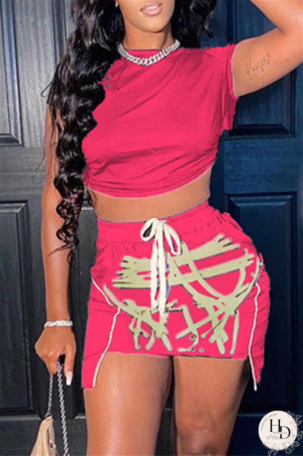 Red Fashion Sexy Print Asymmetrical O Neck Short Sleeve Two Pieces