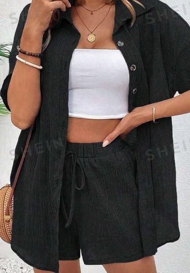 Mature Women's Cardigan & Lapel Shirt With Single-Breasted Closure And Shorts Suits