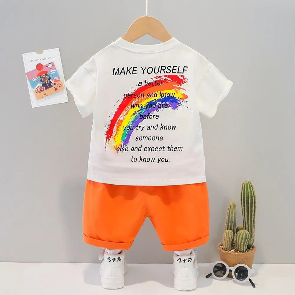 Fashion Outfit Baby Children Clothes Boy Short Suit 2021 Summer Rainbow Bear Short Sleeve Shorts Set Pure Cotton 1 2 3 4 Years