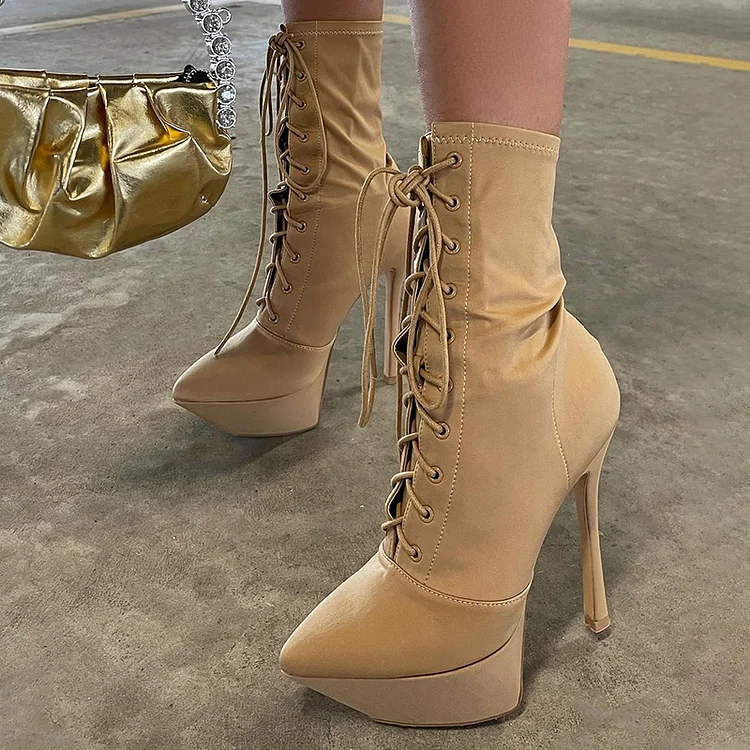 Khaki Pointed Mid Calf Boots Classic Platform Heels Lace Up Boot |FSJ Shoes