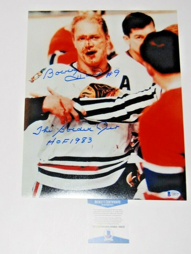 BOBBY HULL signed (CHICAGO BLACKHAWKS) Bloody Hockey 11X14 Photo Poster painting BECKETT BAS #2