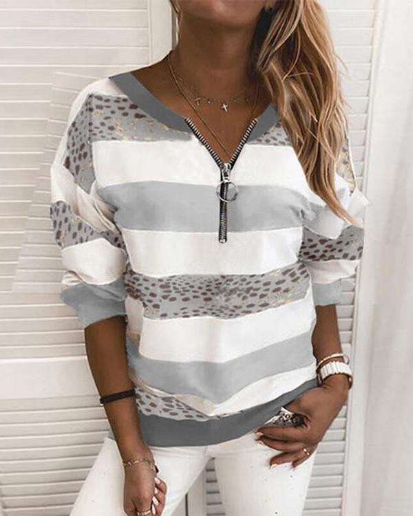 Print Striped V-Neck Long Sleeves Sweatshirt