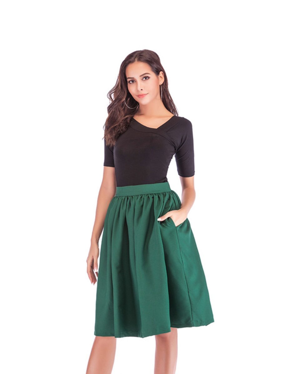 Vintage Skirt Solid Color High Waist Pleated Pockets Skirt