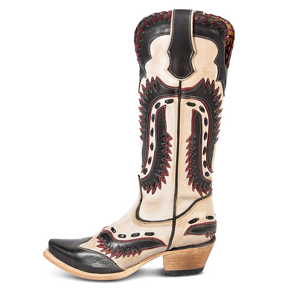 Ivory & Black Patchwork Distressed Mid Calf Snip Toe Cowgirl Boots Nicepairs