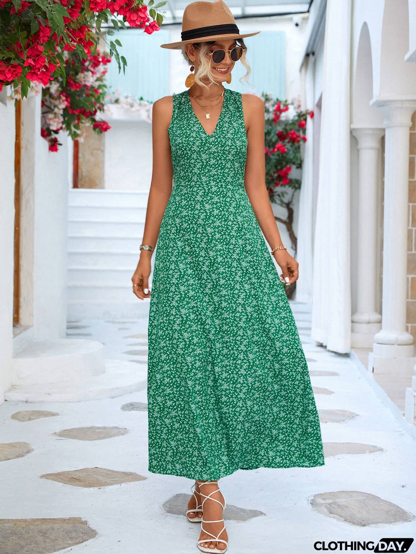 Printed Open Back Sleeveless Maxi Dress