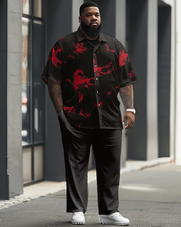 Men's Plus Size Business Casual Ink Print Short Sleeve Shirt Suit