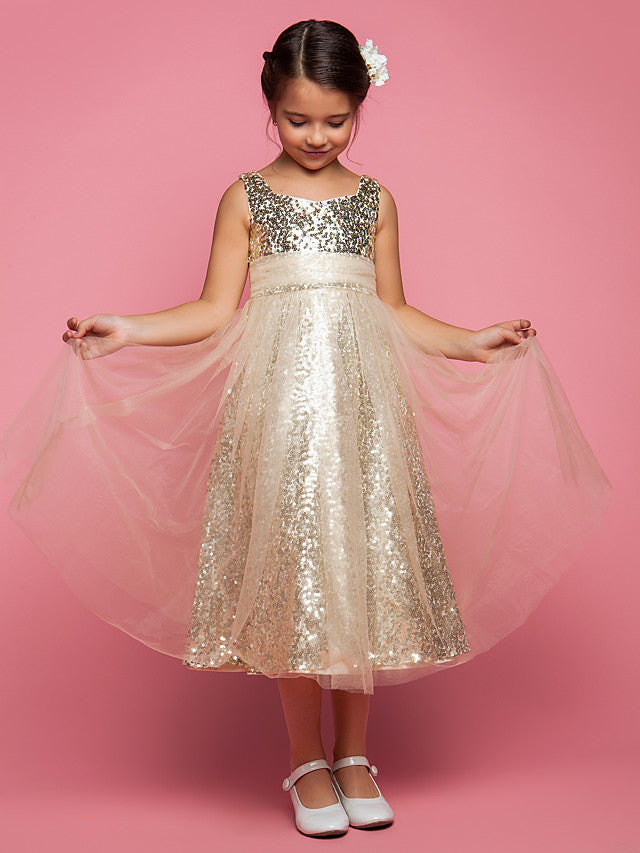 Princess / A-Line Tea Length Tulle Sleeveless Jewel Neck With Ruched / Sequin