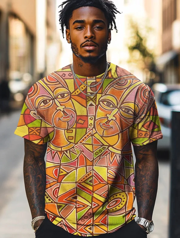 Men's African Art Party Vibe Portraits Print T-Shirt
