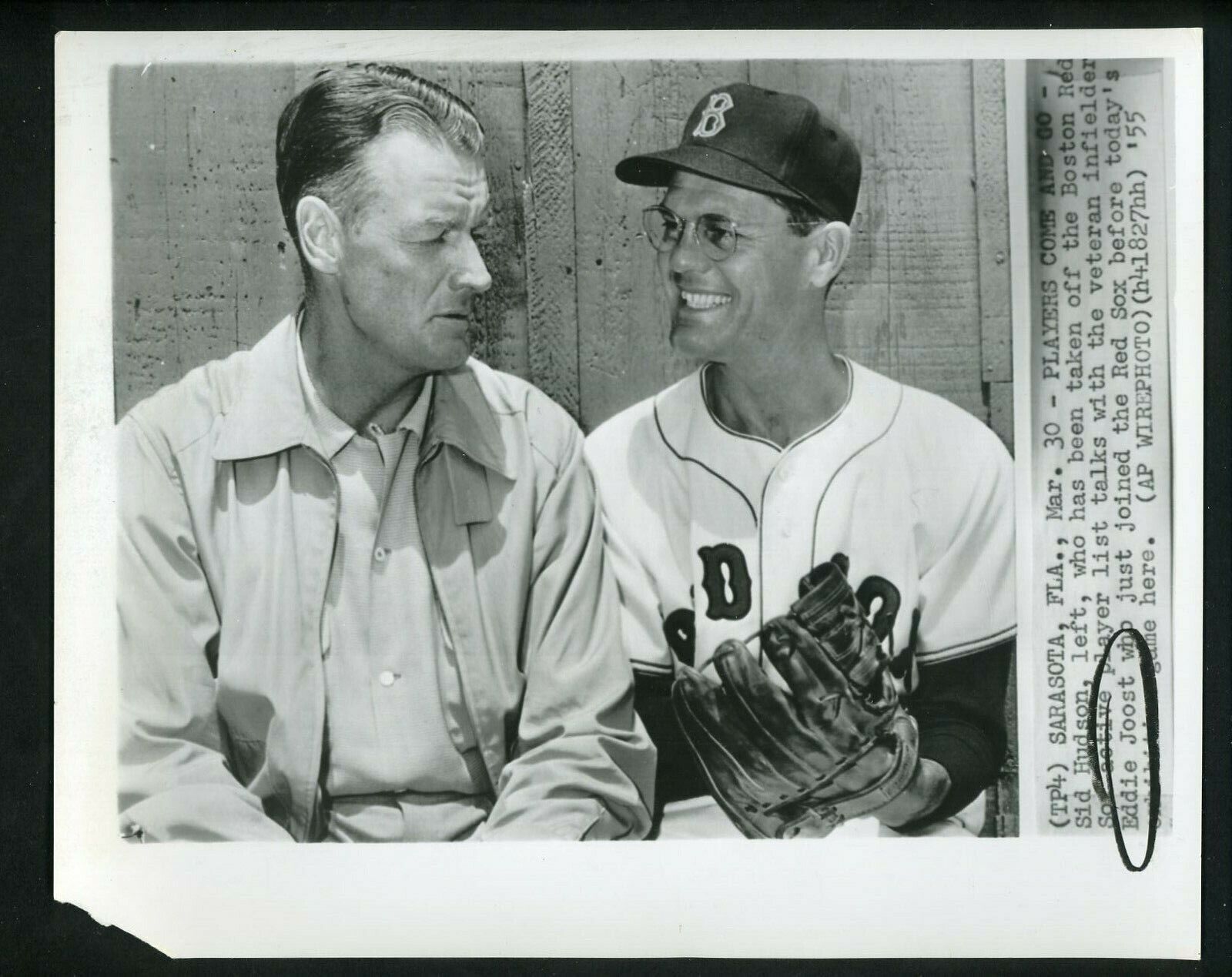 Sid Hudson & Eddie Joost 1955 Press Photo Poster painting Boston Red Sox