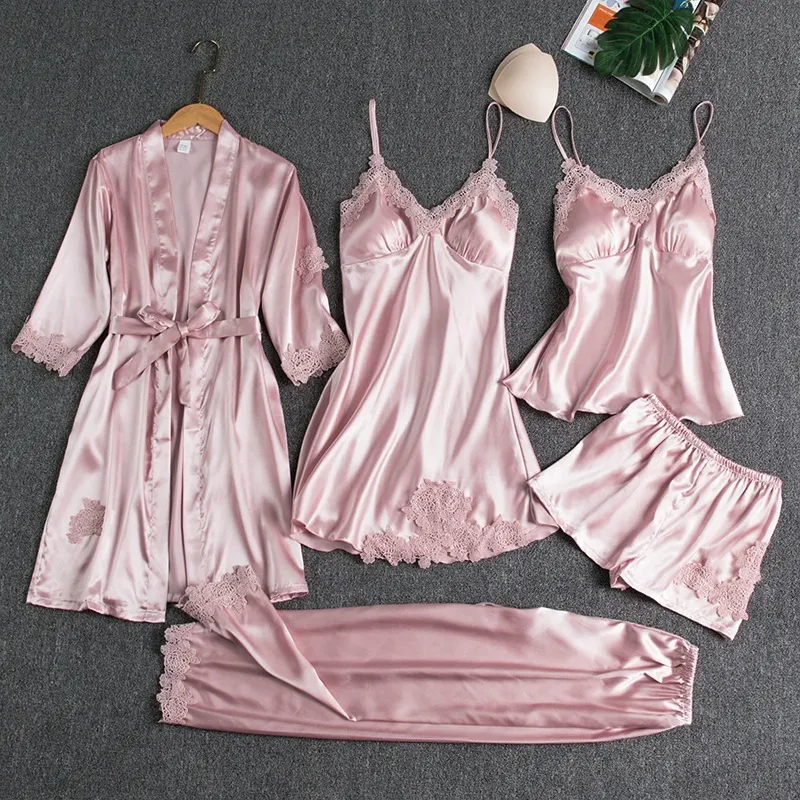 Churchf Pajamas Women Summer Ice Silk Sexy Hot Adult Spring And Autumn Long-Sleeved Thin Lady Night Robe Five-Piece Suit Multi-Colored