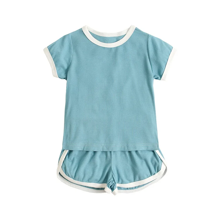 Baby Boy/Girl Solid Color Contrast Collar Ribbed Kinteted T-shirt and Shorts Short Sleeve Casual Set