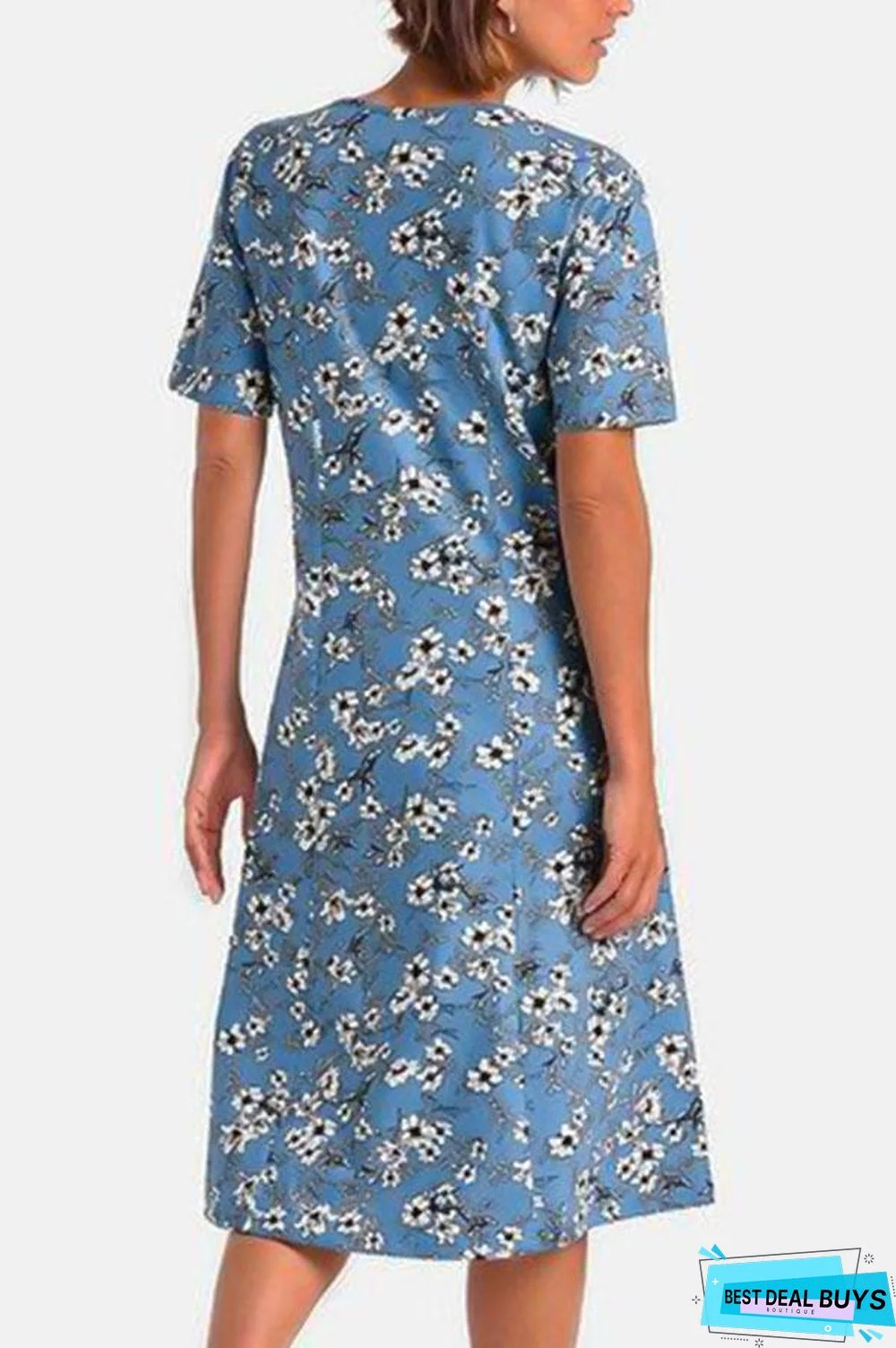 Casual Floral Print Paneled Pockets Short Sleeves Midi Dress