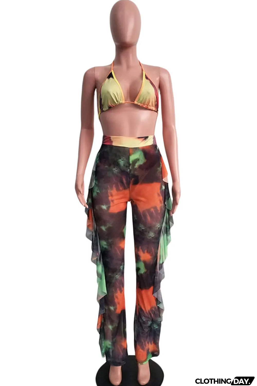 Yellow Polyester Sexy Fashion Stringy selvedge Print Tie Dye Patchwork Loose Sleeveless