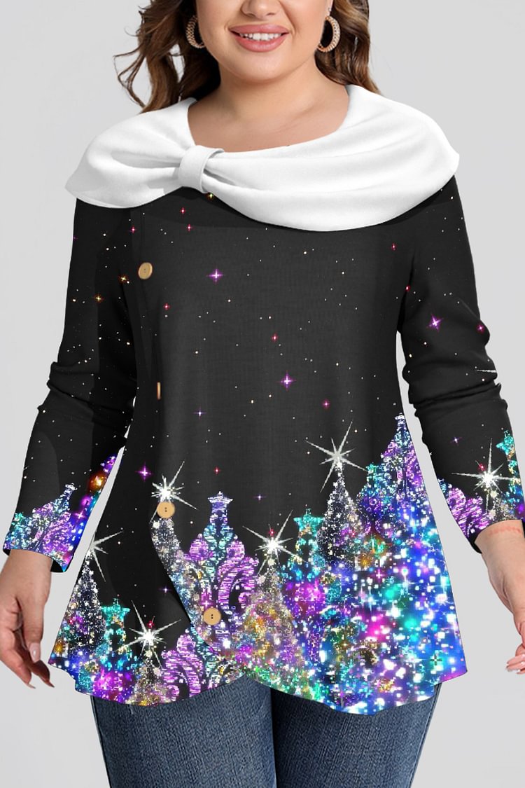 Flycurvy Plus Size Black Rhinestone Print Asymmetrical Hem Knot Neckline Blouse  Flycurvy [product_label]
