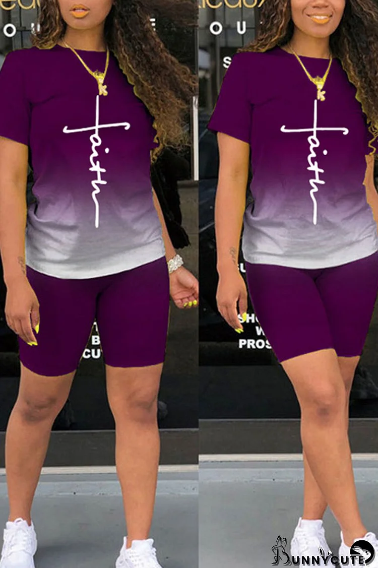 Purple Casual Gradual Change Print Split Joint O Neck Short Sleeve Two Pieces