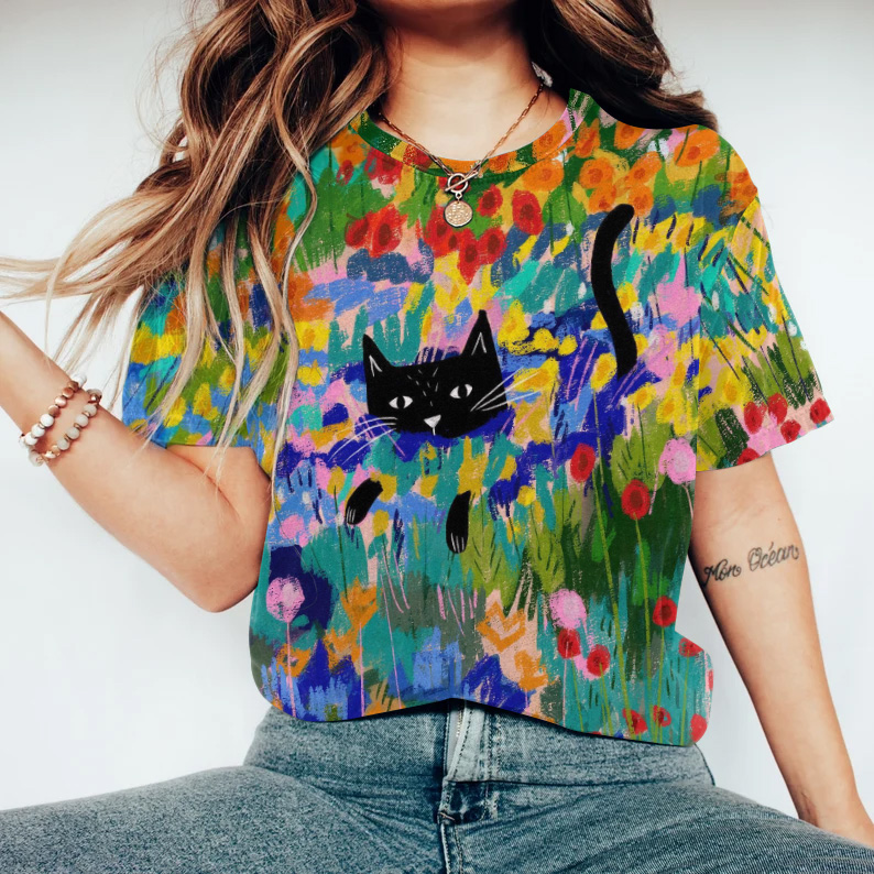 Comstylish Oil Painting Flower Cat Print Round Neck T-Shirt