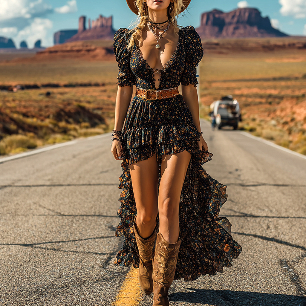 Women's Western Cowboy Style Bohemian Floral Maxi Dress
