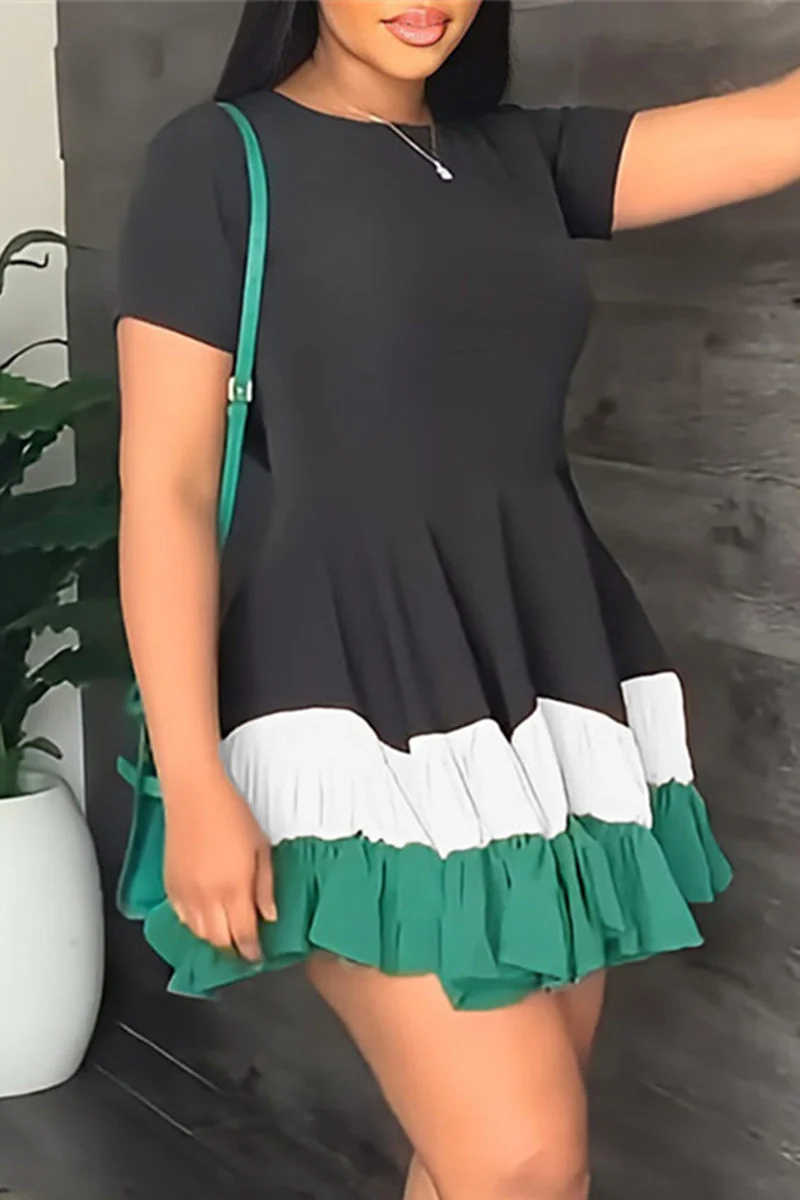 Black Green Fashion Casual Solid Patchwork O Neck Short Sleeve Dress | EGEMISS