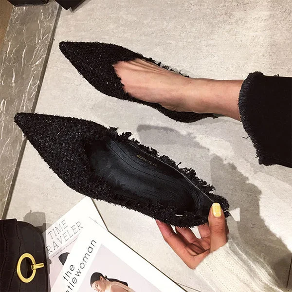 HUXM Fringe Decor Point Toe Ballet Flats